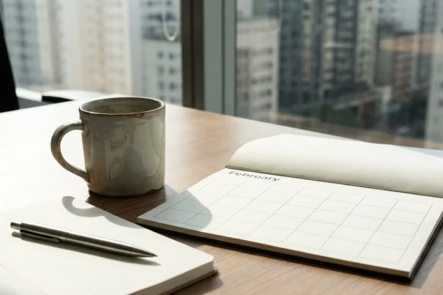 A wooden desk beside a window overlooking a dense city. On the desk is a ceramic mug, a notebook with a pen, and an